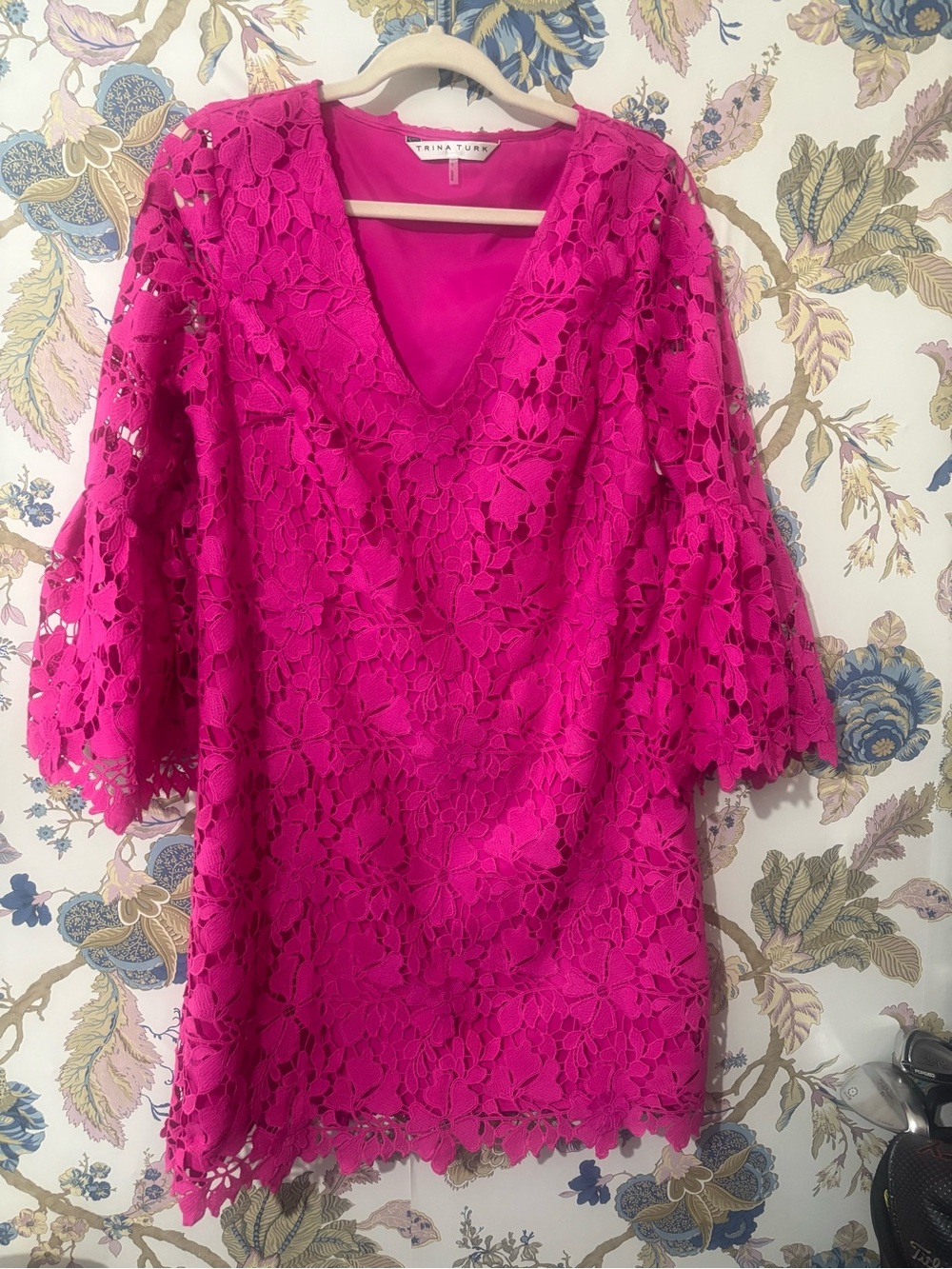 Trina Turk Hot Pink Floral Lace V-Neck Mini Dress